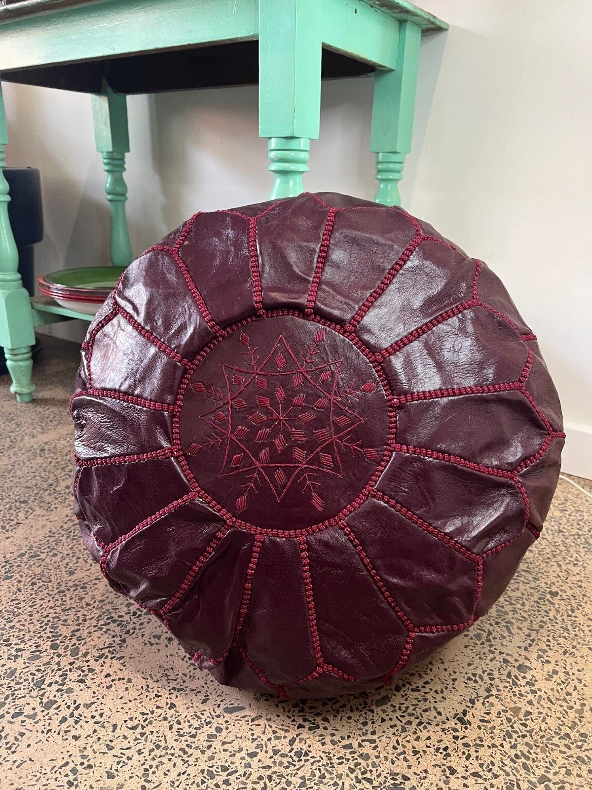 Stunning Moroccan Leather Ottoman (Poufe) BURGENDY