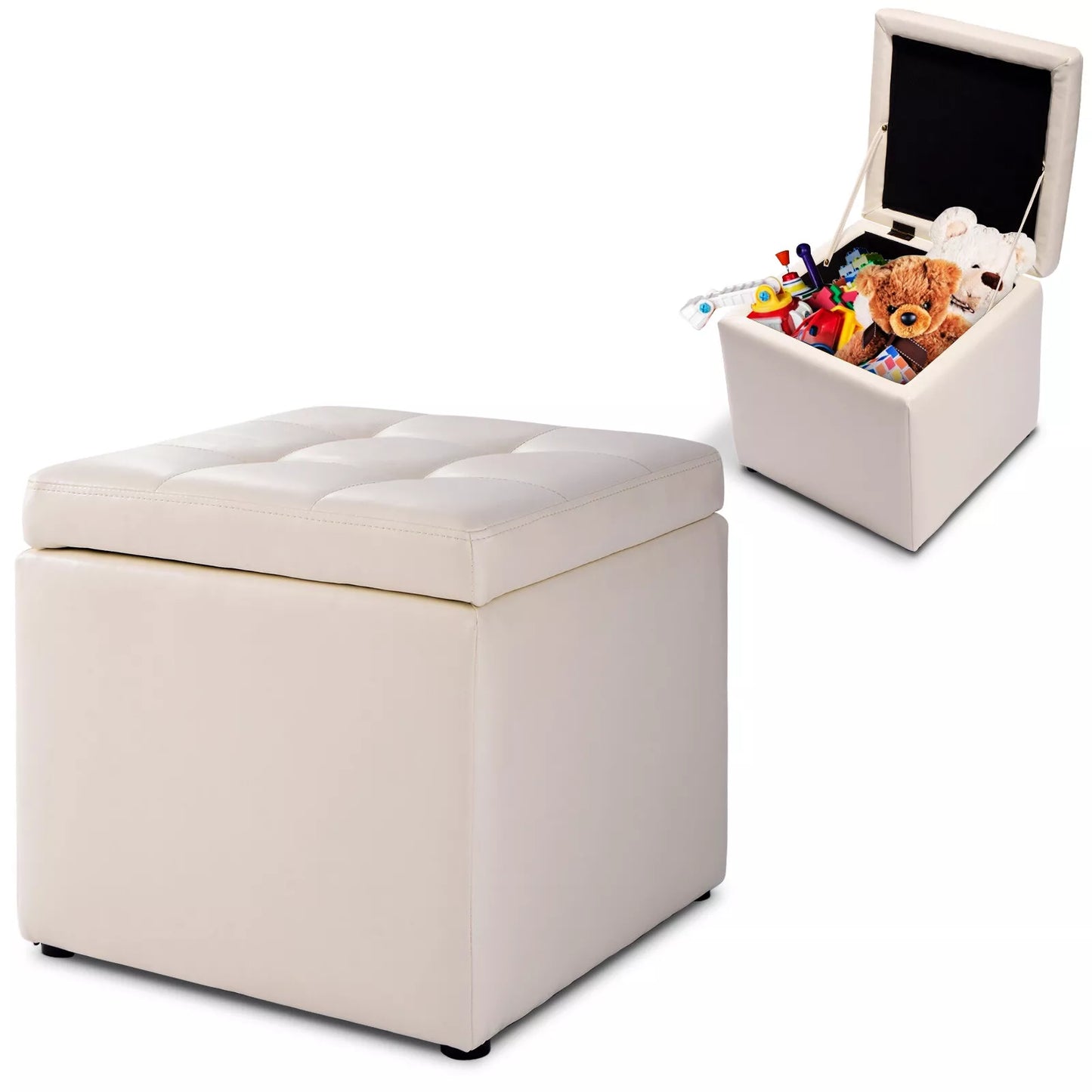 White Cube Storage Ottoman Pouf Storage Box Seat Footstool PU Leather 40cm