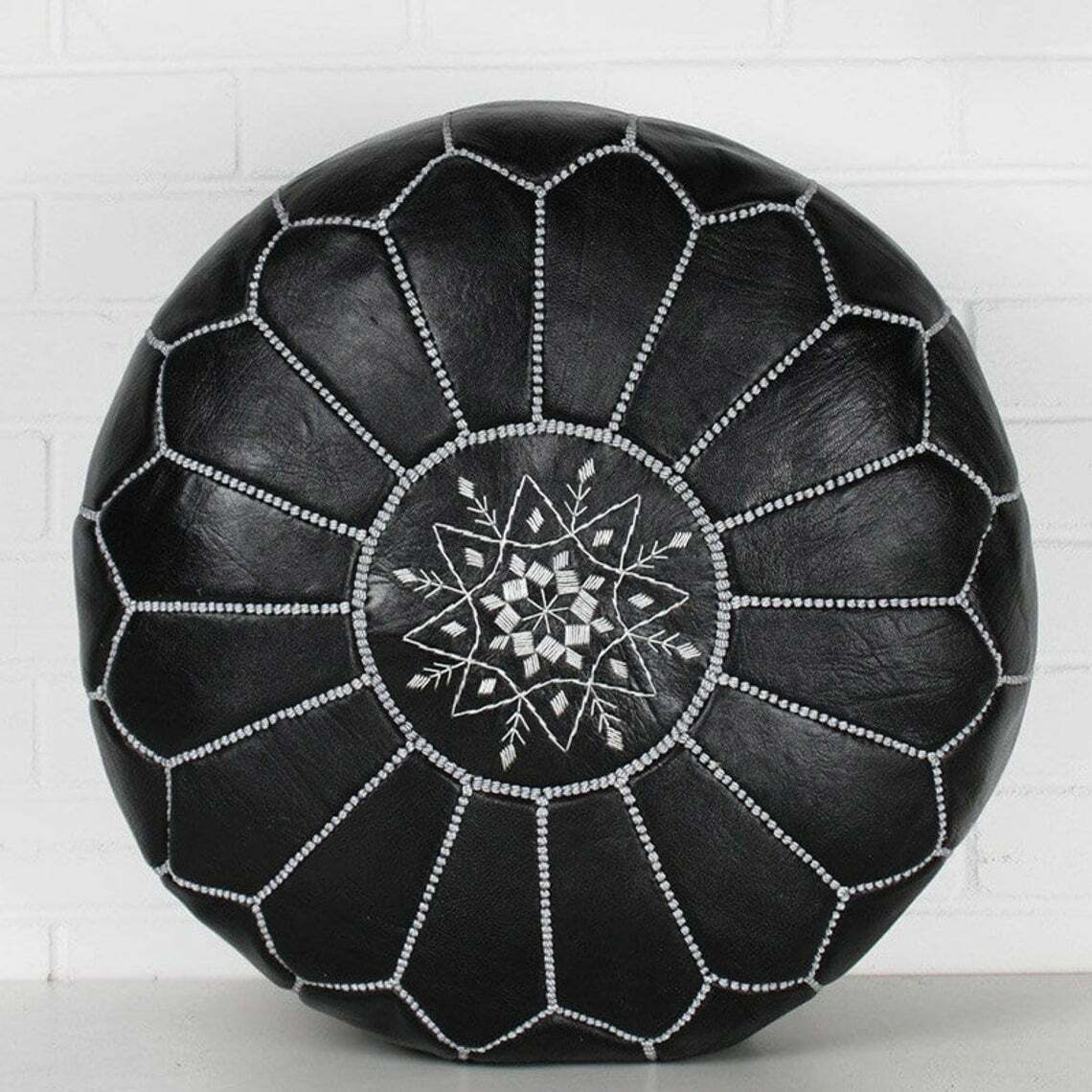 Stunning Moroccan Leather Ottoman (Poufe) BLACK w/White Stitching