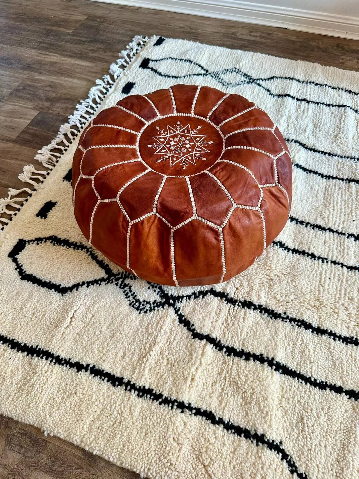 Moroccan Genuine Leather Boho Pouf Ottoman Footstool - Brown Tan, Handmade Tufted