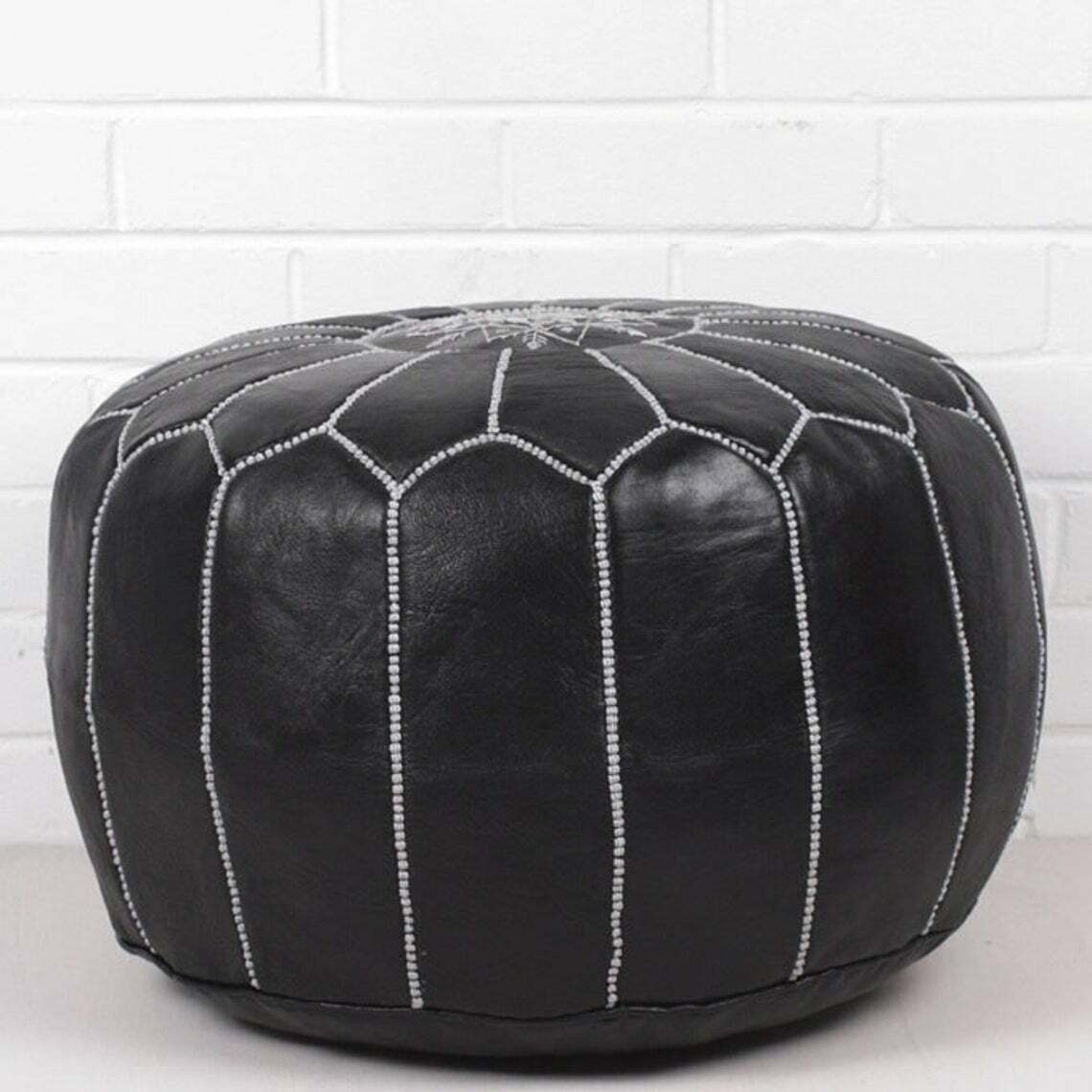 Stunning Moroccan Leather Ottoman (Poufe) BLACK w/White Stitching