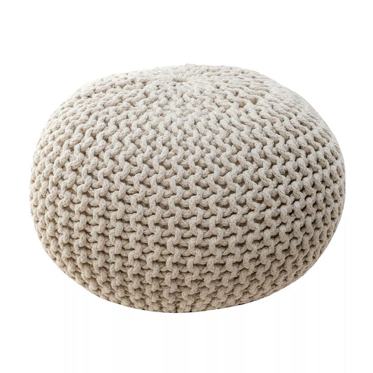 Hand-Knitted Beige Cotton Braided Ottoman Pouffe