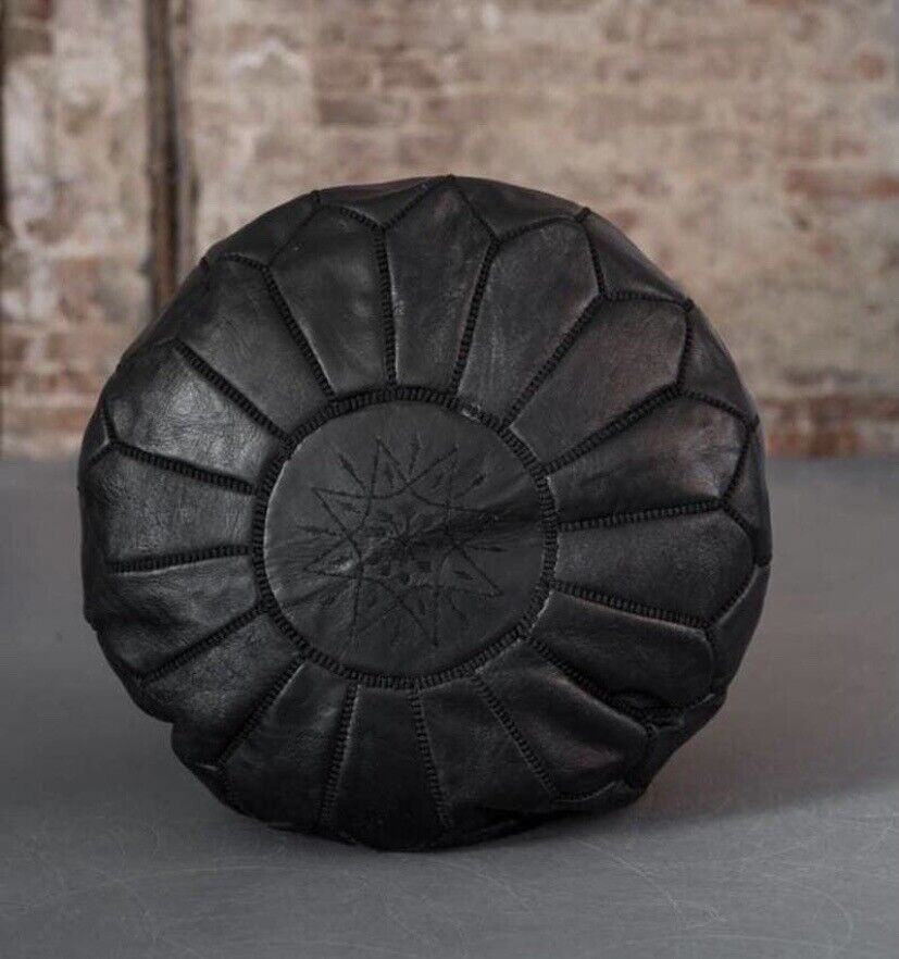 Stunning Moroccan Leather Ottoman (Poufe) BLACK