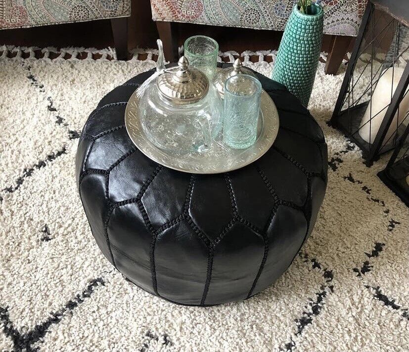 Stunning Moroccan Leather Ottoman (Poufe) BLACK