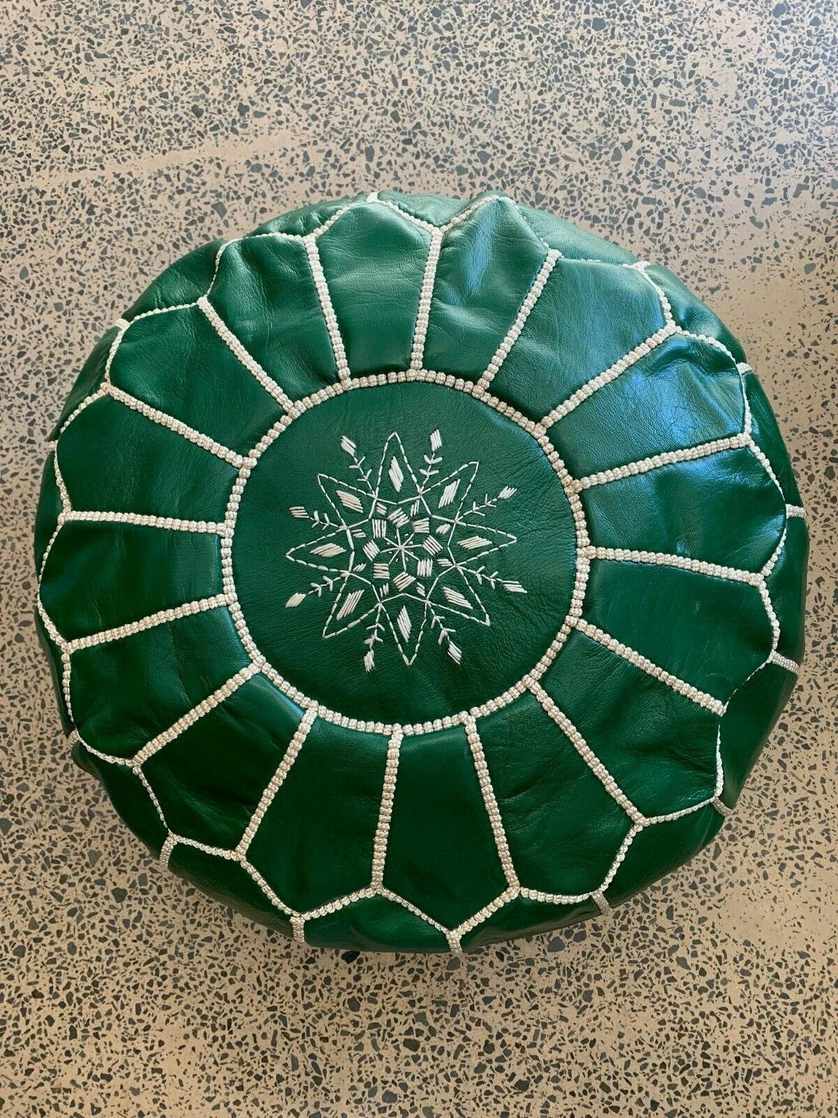 Stunning Moroccan Leather Ottoman (Poufe) GREEN w/White Stitching