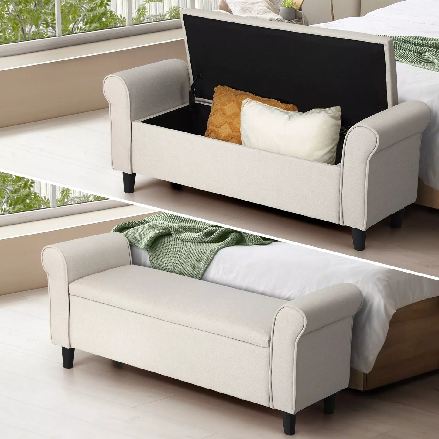 Carey Linen Multi-Functional Storage Ottoman Seat - BEIGE