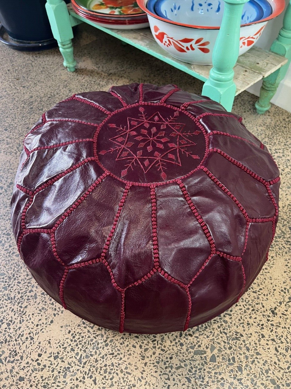 Stunning Moroccan Leather Ottoman (Poufe) BURGENDY