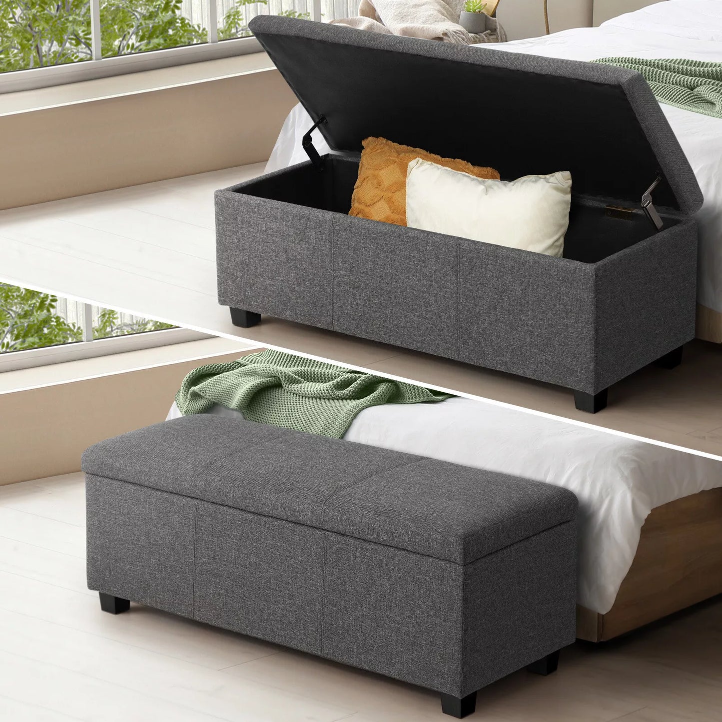 Arlo Ottoman Storage Fabric Foot Stool - Linen Fabric Dark Grey - Cushion Soft Top