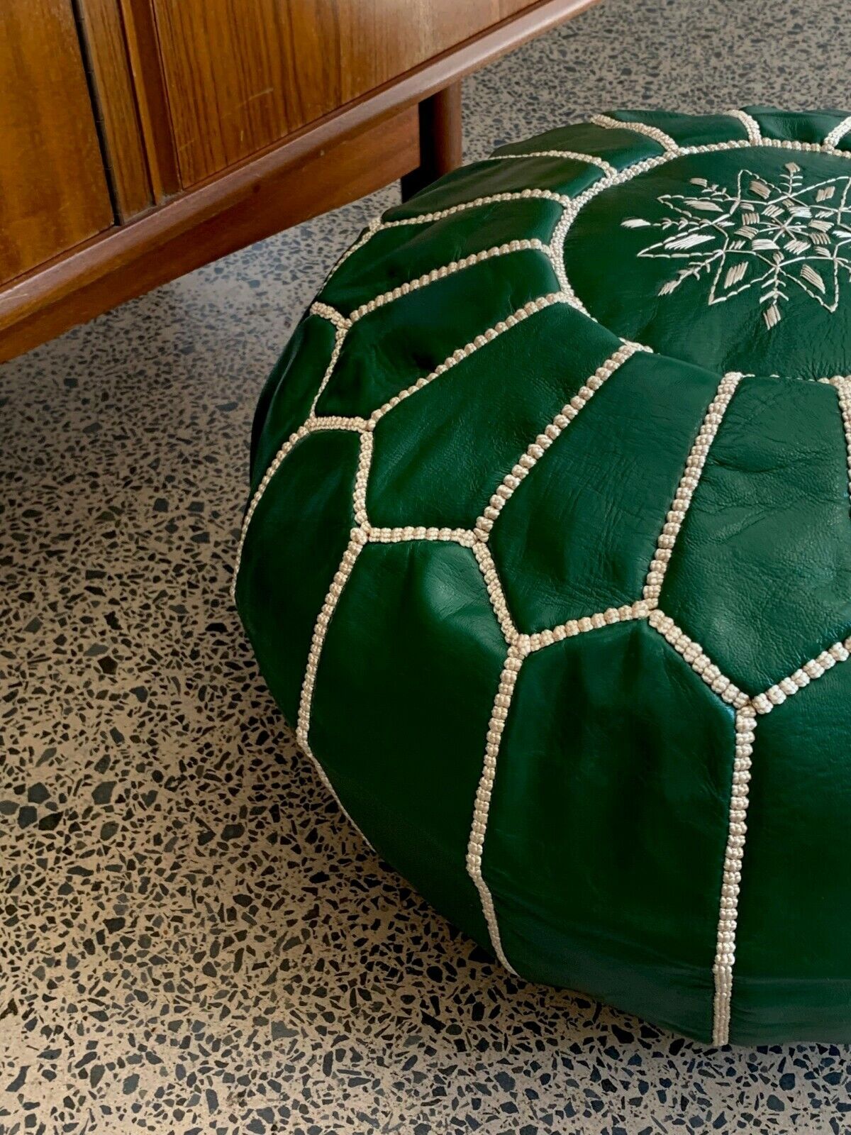 Stunning Moroccan Leather Ottoman (Poufe) GREEN w/White Stitching