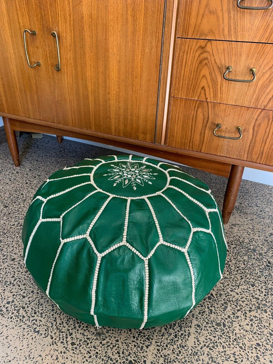 Stunning Moroccan Leather Ottoman (Poufe) GREEN w/White Stitching