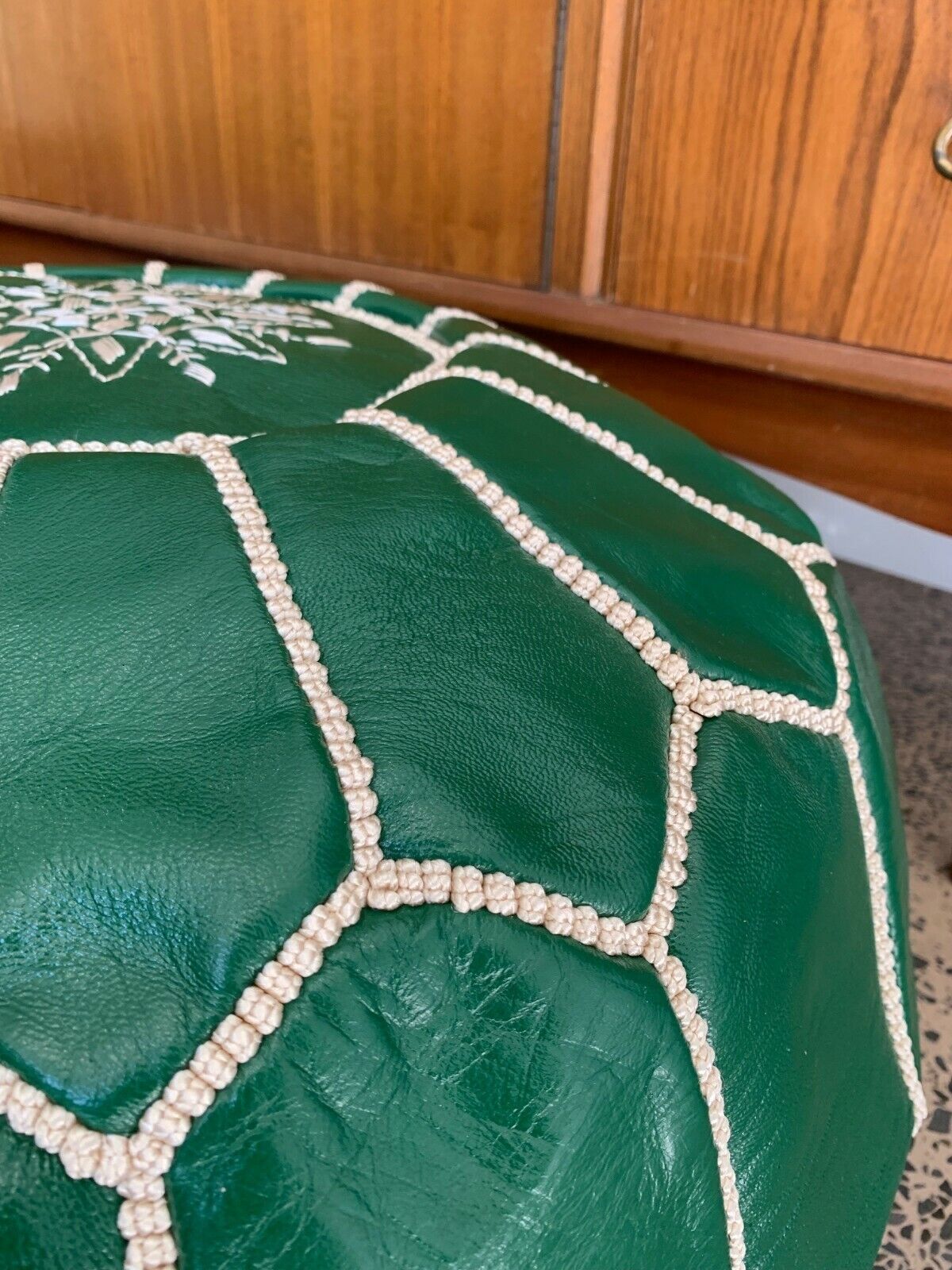 Stunning Moroccan Leather Ottoman (Poufe) GREEN w/White Stitching