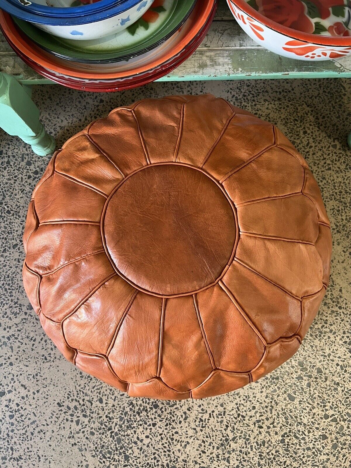 Stunning Moroccan Leather Ottoman (Poufe) Tan on Tan Leather