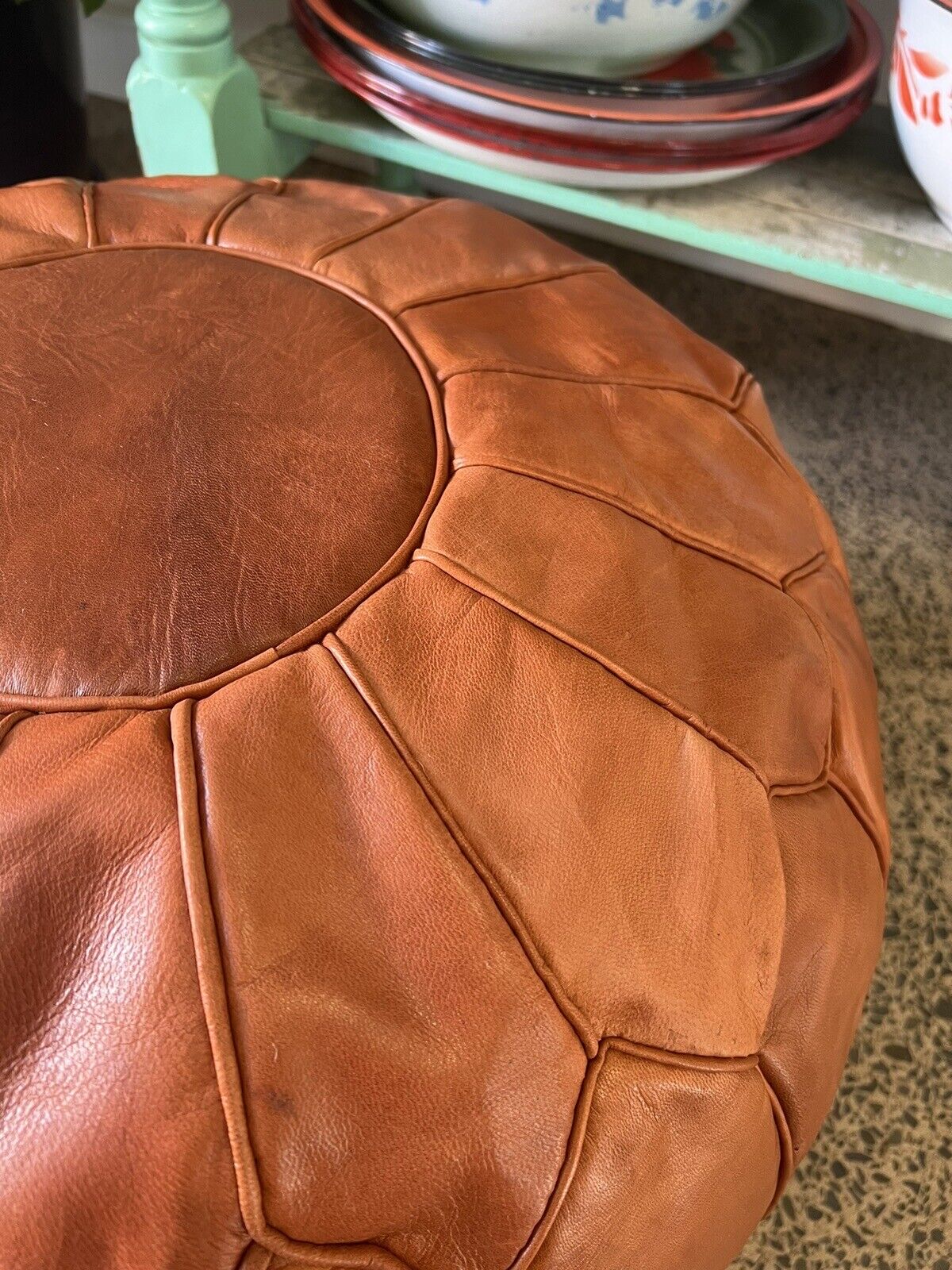 Stunning Moroccan Leather Ottoman (Poufe) Tan on Tan Leather