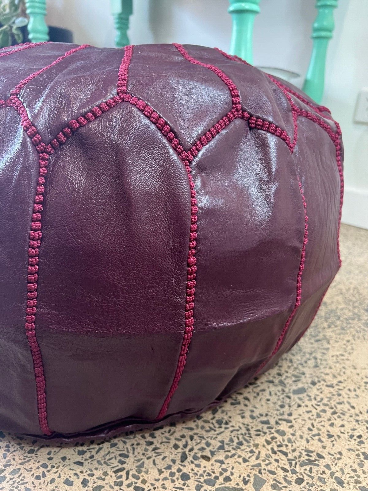 Stunning Moroccan Leather Ottoman (Poufe) BURGENDY