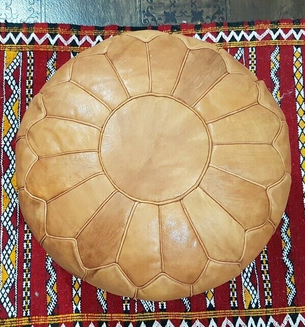 Stunning Moroccan Leather Ottoman (Poufe) LIGHT TAN on Tan Leather