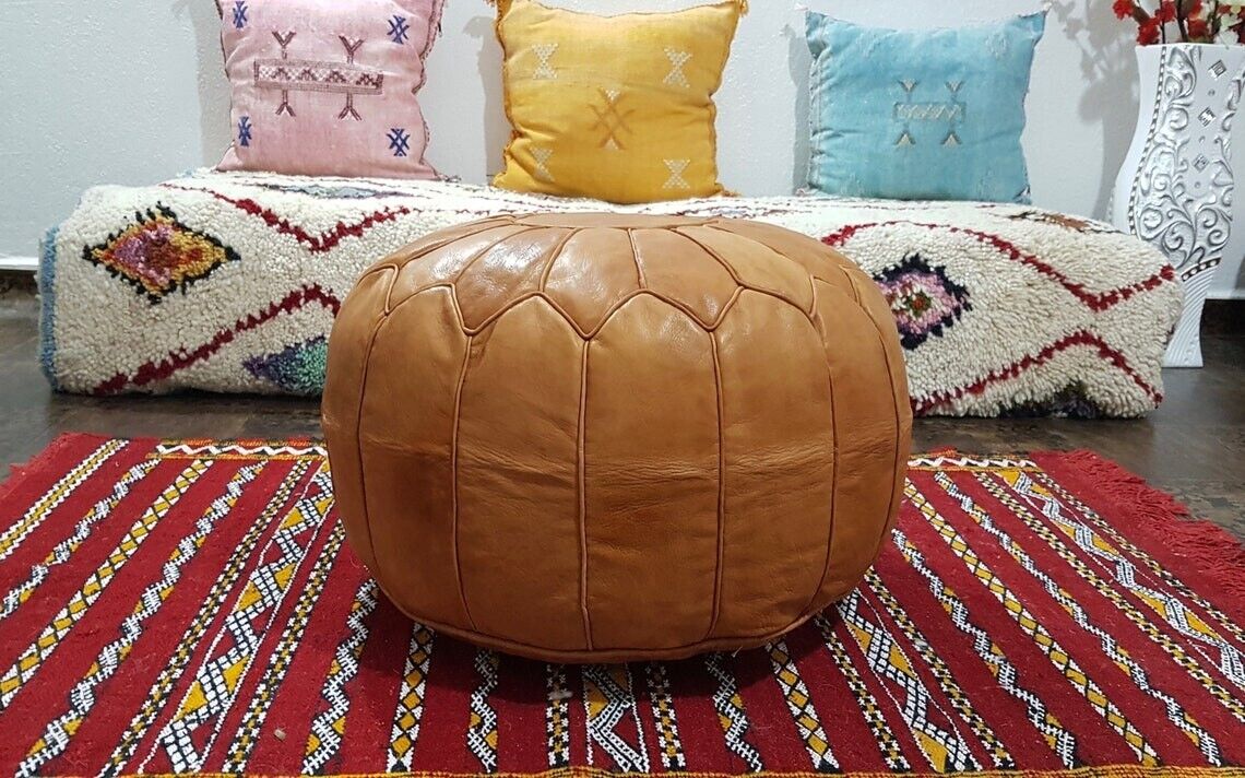 Stunning Moroccan Leather Ottoman (Poufe) LIGHT TAN on Tan Leather