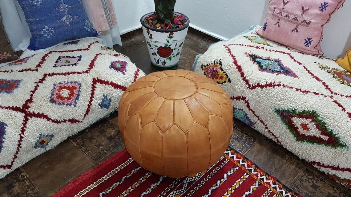 Stunning Moroccan Leather Ottoman (Poufe) LIGHT TAN on Tan Leather