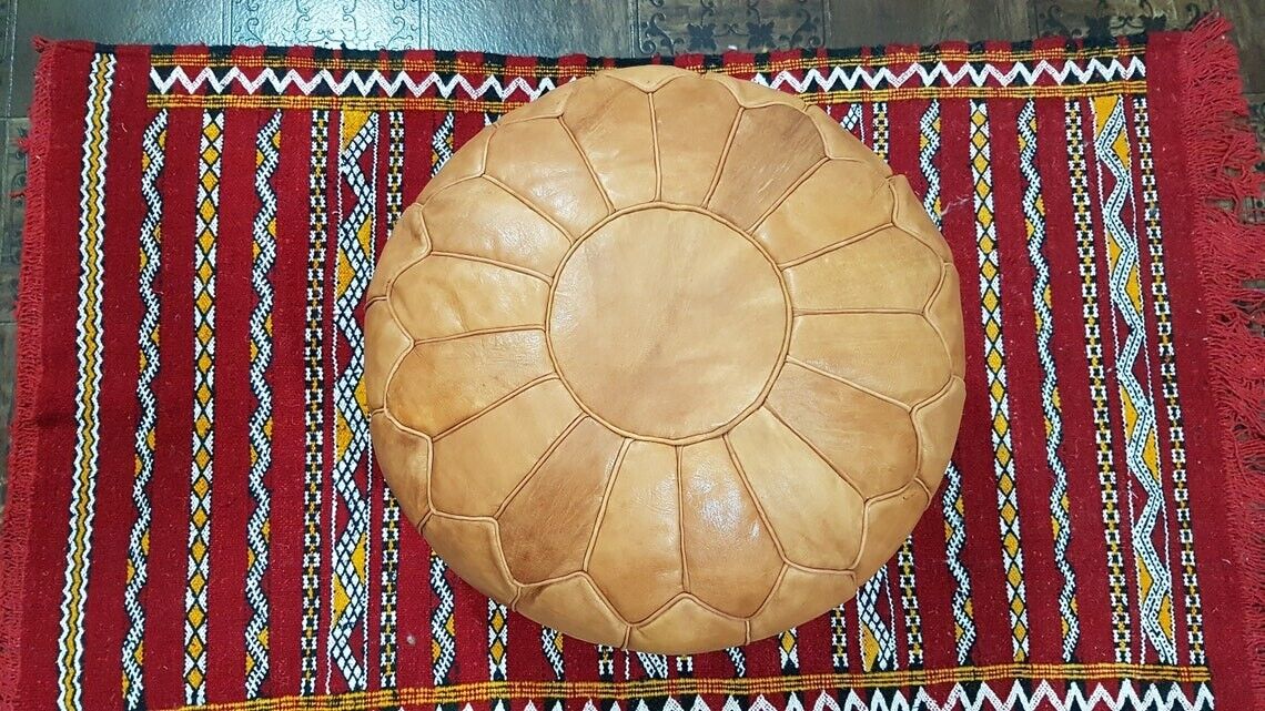 Stunning Moroccan Leather Ottoman (Poufe) LIGHT TAN on Tan Leather