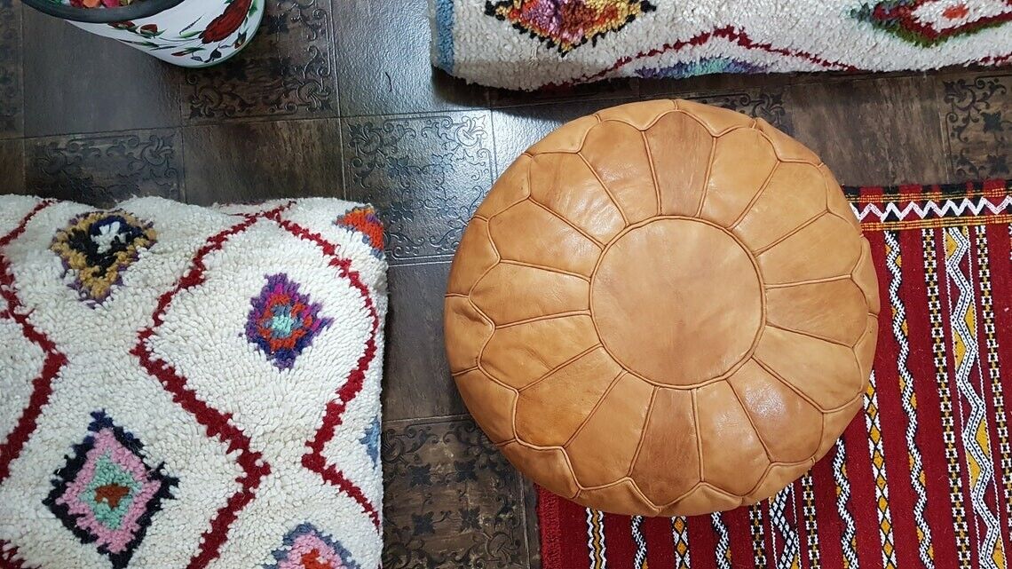 Stunning Moroccan Leather Ottoman (Poufe) LIGHT TAN on Tan Leather