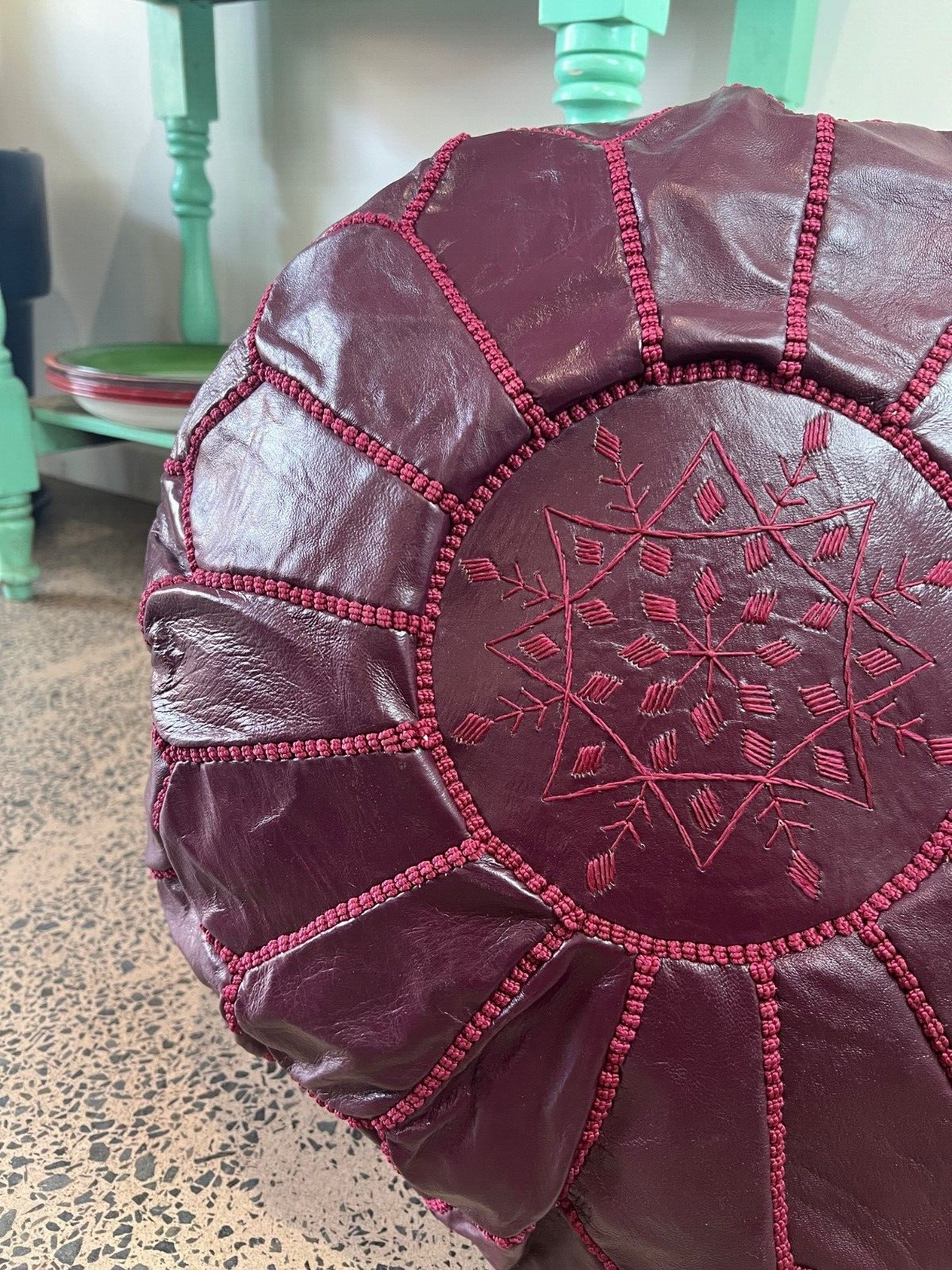 Stunning Moroccan Leather Ottoman (Poufe) BURGENDY