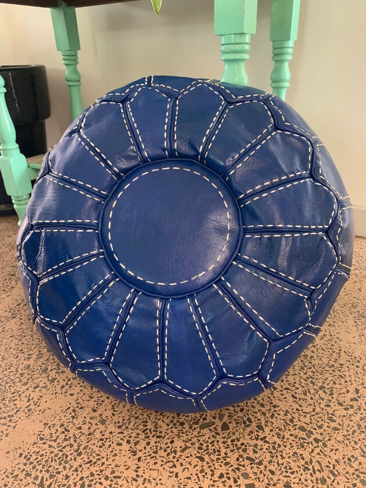 Stunning Moroccan Leather Ottoman (Poufe) BLUE