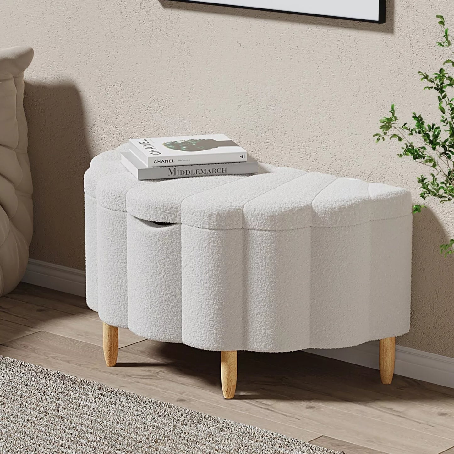 Carey Linen Ottoman Storage - WHITE SHERPA FABRIC SHELL DESIGN