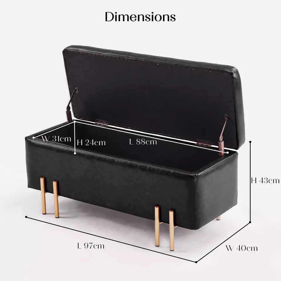 Standard Ottoman Storage Box Australia - Black - PU Leather Style (Gold Legs)