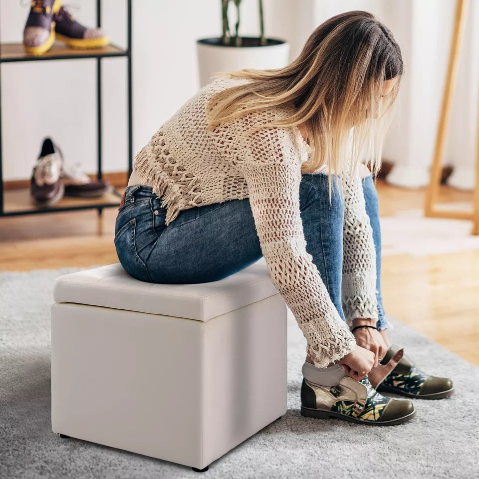 White Cube Storage Ottoman Pouf Storage Box Seat Footstool PU Leather 40cm