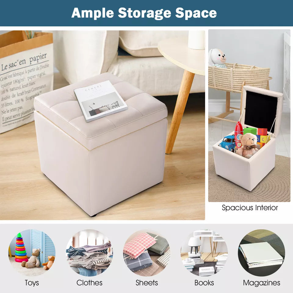 White Cube Storage Ottoman Pouf Storage Box Seat Footstool PU Leather 40cm