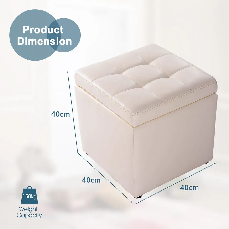 White Cube Storage Ottoman Pouf Storage Box Seat Footstool PU Leather 40cm