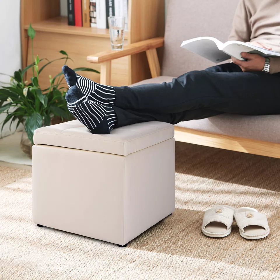 White Cube Storage Ottoman Pouf Storage Box Seat Footstool PU Leather 40cm