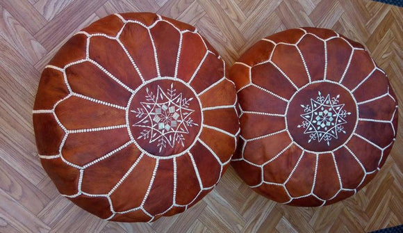 2 X Stunning Moroccan Pure Leather Ottoman (Poufe) Dark Tan Leather