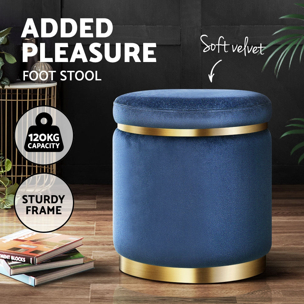 Round Velvet Ottoman Foot Stool Foot Rest Pouffe Padded Seat Bedroom Footstool NAVY VELVET