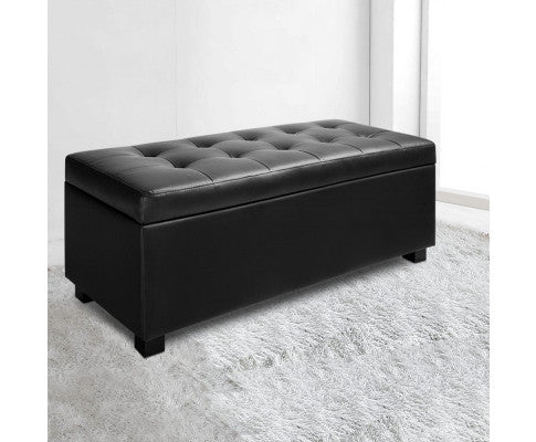 Black PU Ottoman Storage Box Australia - Smooth Black - PU Leather Style