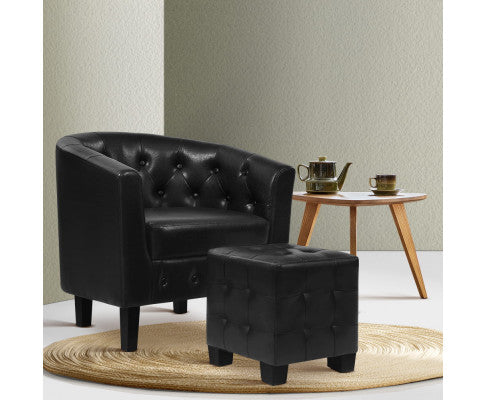 Ava Arm Chair and Ottoman - PU Leather Black - Lounge Chair Ottoman Tub Accent Chair