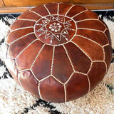 2 X Stunning Moroccan Pure Leather Ottoman (Poufe) Dark Tan Leather