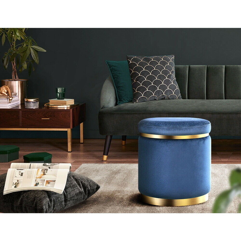 Round Velvet Ottoman Foot Stool Foot Rest Pouffe Padded Seat Bedroom Footstool NAVY VELVET