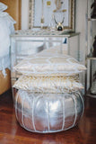 Stunning Moroccan Leather Ottoman (Poufe) SILVER