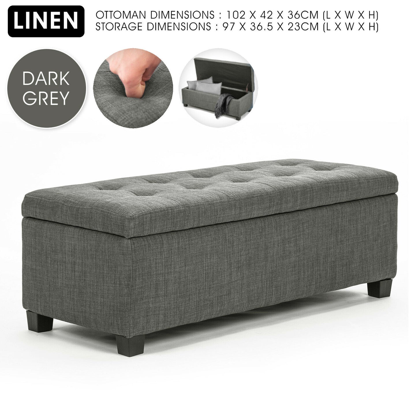 Bestselling Bella Ottoman Storage Box Australia- Dark Gum Grey Linen Fabric