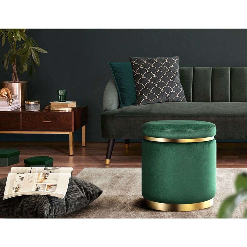 Round Velvet Ottoman Foot Stool Foot Rest Pouffe Padded Seat Bedroom Footstool GREEN VELVET