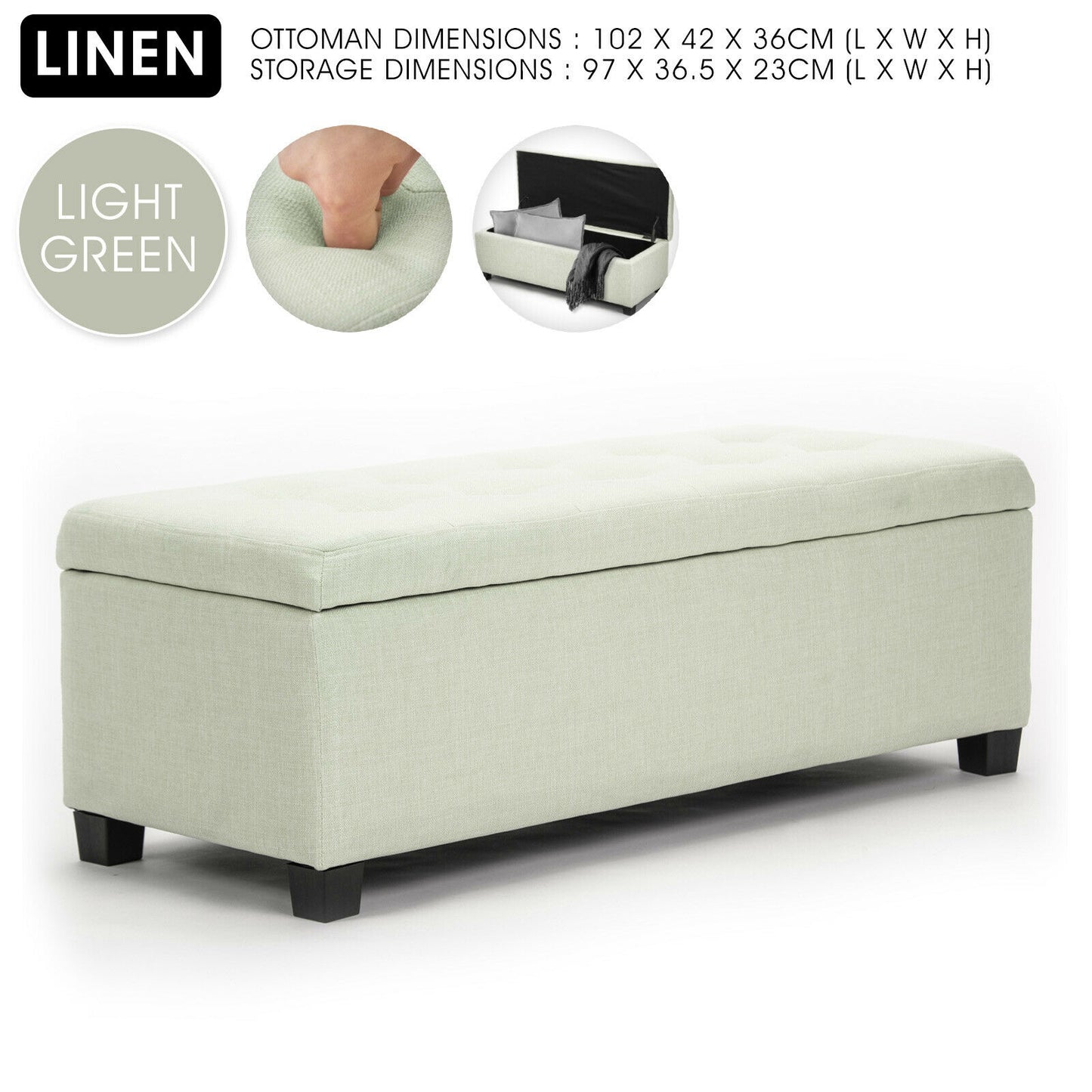 Bestselling Bella Ottoman Storage Box Australia- Misty Light Green Linen Fabric