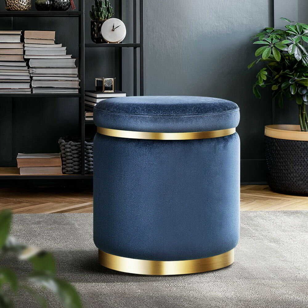 Round Velvet Ottoman Foot Stool Foot Rest Pouffe Padded Seat Bedroom Footstool NAVY VELVET