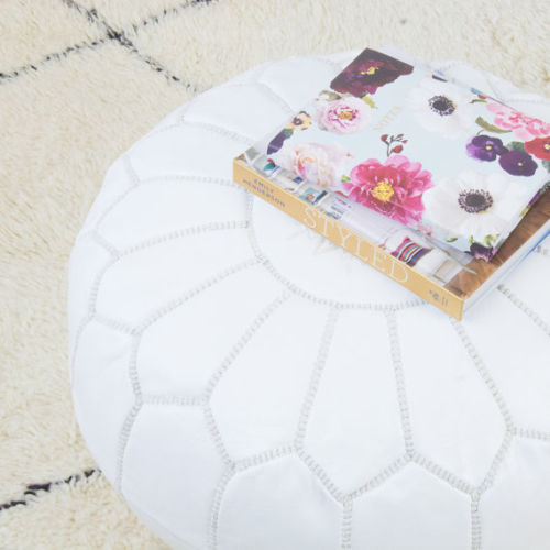 Stunning Moroccan Leather Ottoman (Poufe) WHITE