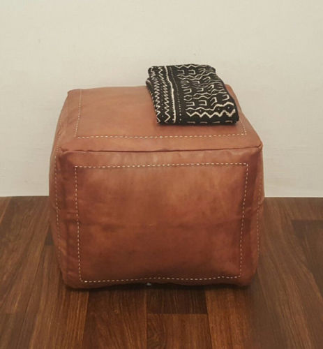 Moroccan Leather Ottoman Pouffe Pouf Footstool Coffee Table in Mid Tan