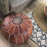 Stunning Moroccan Leather Ottoman (Poufe) Vintage Tan Leather